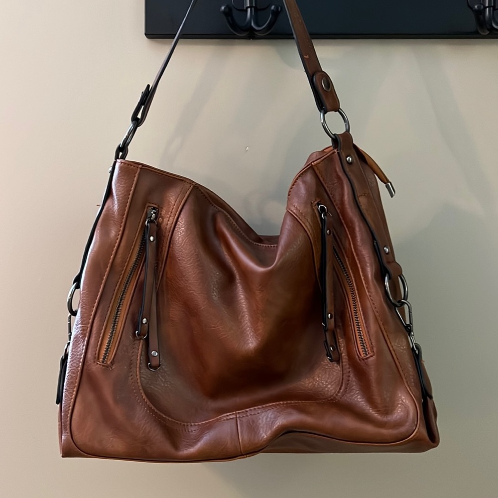 Brown leather purse, 18" wide 16" tall
